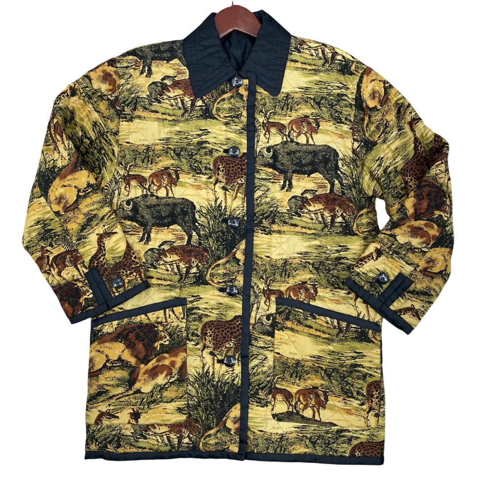 Vtg Fox Run Reversible Quilted Jacket‎ Safari Animal Black Size XS 100% Silk